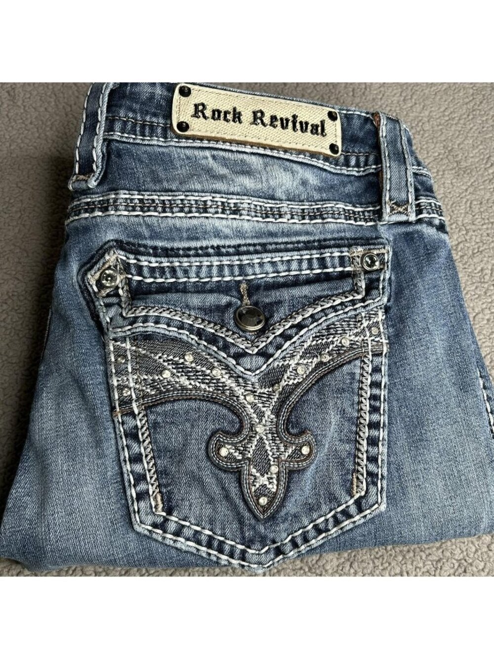 Rock Revival Jeans Womens 32 Very Boot Slim Bootcut Distressed Y2K Thick Stitch